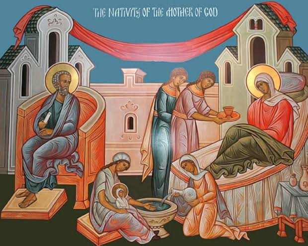 Ἡ γέννησίς σου Θεοτόκε, χαρὰν ἐμήνυσε πάσῃ τῇ οικουμένῃ, ἐκ σοῦ γὰρ ἀνέτειλεν ὁ Ἥλιος τῆς δικαιοσύνης, Χριστὸς ὁ  Θεὸς ἡμῶν