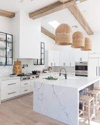 Boho Rattan Pendant Lighting In A Modern Kitchen Design White Decor White Kitchen Decor Modern Kitchen Design Interior Design Kitchen