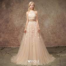 2 Piece Champagne Wedding Dresses 2020 A Line Princess Halter Sleeveless Backless Appliques Lace Beading Court Train Ruffle