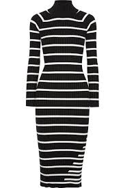 Black And White Striped Midi Dress Striped Ribbed Stretch Knit Turtleneck Midi Dress In Black With Ivory Stripe Ribbed Dress Black Turtleneck Midi Dress Black White Striped Dress
