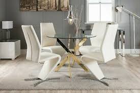 Novara Gold Round Glass Dining Table And 4 Black White Grey Dining Chairs Ebay Gray Dining Chairs Glass Dining Table Dining Table Chairs