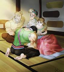 hajnarus, joseph joestar, joseph joestar (old), kuujou holly, kuujou  joutarou, suzi q, jojo no kimyou na bouken, stardust crusaders, absurdres,  highres, 2boys, 2girls, artist logo, birthmark, blonde hair, family, father  and daughter,