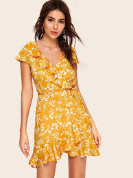 Calico Print Flounce Trim Wrap Dress Full Sleeve Floral Dress Wrap Dress Floral Cardigan Outfit
