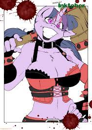 1016948 - suggestive, artist:yawg, twilight sparkle, anthro, belly button,  belt, breasts, busty twilight sparkle, chest fluff, cleavage, clothes,  collar, corset, cosplay, costume, crossover, dc comics, evil grin, female,  fingerless gloves, gloves, hammer,