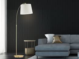 Designklassiker Led Bogenlampe Messing Stoff Beige Esstisch
