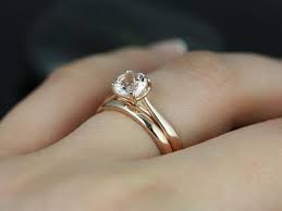 Flora 6mm 14kt Rose Gold Morganite Tapered Tulip Cathedral Round Solitaire Classic Wedding Set Rings Rosados Box Wedding Rings Round Wedding Rings Engagement Wedding Ring Sets