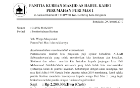 Untuk mendukung kegiatan qurban tersebut maka setiap wali murid agar memberikan iuran qurban sebesar rp 500000 yang dibayarkan melalui wali kelas masing. Surat Permohonan Qurban