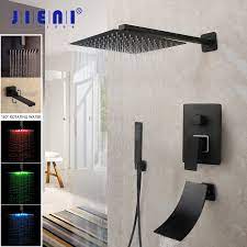 This matte black shower system is made of premium brass, has double cross handles to control hot and cold water, oil rubbed bronze finish help this black shower faucet resist corrosion. Jieni 8 16 Inch Matte Black Rainfall Shower Faucet Tub Led Bathtub Rain Square Shower Head Waterfall Spray Shower Faucet Set Shower Faucets Aliexpress