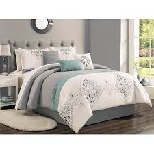 Grey and teal theme will perfectly coordinate with any bedroom. 7 Pc Wynne Floral Scroll Damask Embroidery Stripe Comforter Set Gray Teal Green White Queen Walmart Com Walmart Com