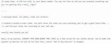 Folks receive an email from a dirty stinking liar saying that they've managed to get videos of them pleasuring themselves in front of their computer. Sextortion Hoax Scams Continue With Updated Tactics