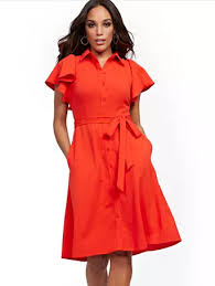 Red Ruffle Sleeve Shirtdress Magic Crepe New York Company In 2020 Shirt Dress Red Shirt Dress Ruffle Sleeve