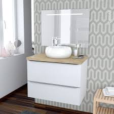 Ensemble Salle De Bains Meuble Bora Blanc Plan De Toilette Chene Clair Ikoro Vasque Ronde Miroir Lumineux L80 X H57 X P50 Cm Oskab Ensemble Salle De Bain Salle De
