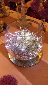 Gypsophila Fishbowl With Fairy Lights Fish Bowl Centerpiece Wedding Wedding Decorations Centerpieces Fairy Lights Wedding