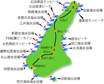 淡路島海水浴場マップ（今回ご紹介する「多賀の浜」「慶野松原」「阿万海岸」の位置関係がひと目で分かります）（AI 生成）