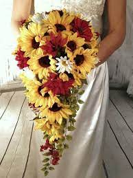 You can make wedding bouquets with my easy step by step tutorials. Cascading Artificial Sunflower Wedding Bouquet With Burgundy Accents Daisies Greenery R Sunflower Wedding Bouquet Sunflower Wedding Sunflower Themed Wedding
