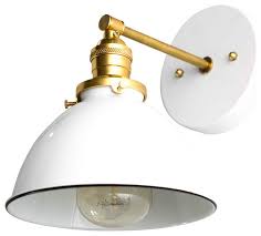 A slender, angular arch extends from the thin horizontal plane of our sconce. White And Raw Brass Modern Industrial Wall Sconce Farmhouse Wall Sconces By Peared Creation Houzz