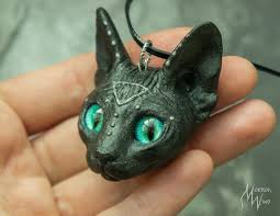 sphynx necklace cat lover black cat green eyes feline jewelry etsy in 2020 clay jewelry fantasy pendant black cat