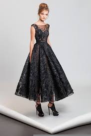 Tea Length A Line Black Dress With Sheer Neckline In Embroidered Tulle Featuring Sequins And Flowe Tea Length Cocktail Dresses Tea Length Dresses Evening Gowns