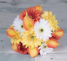 Gerbera daisy bouquet wildflower bridal bouquets calla lily bridal bouquet bridal bouquet fall silk wedding bouquets daisy wedding bridesmaid bouquet wedding flowers pink bouquet. Gerbera Daisies And Calla Lilies Silk Wedding Bouquet Yellow Orange Off White Flower Mix Orange Wedding Flowers Yellow Wedding Bouquet Wedding Flowers