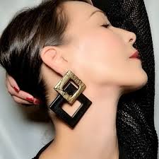 Oversized Stud Earrings Black Gold in Polymer Clay, Long Drop Geometric  Studs
