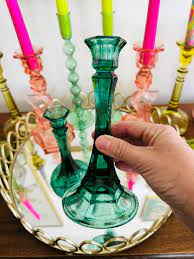 Vintage Candleholders Green Glass