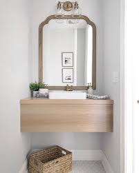 The bathroom is pretty narrow so i wanted a small custom wall hung vanity to fit with my vessel sink and wall faucet.this tutorial explains how i… White Oak Vanity Floating Vanity Bathroom Floating Vanity Powder Room Features A Custom Float Powder Room Small Powder Room Design Modern Farmhouse Powder Room