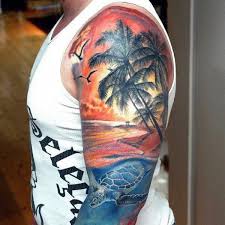 Male Upper Sleeve Palm Tree And Swimming Turtle Sunset Tattoo Hawaiiantattoos Tattoo Sunset Tattoos Beach Tattoo Half Sleeve Tattoo