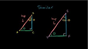 We've got two right triangles here let's say we also know that they both have an angle whose measure is equal to theta so angle a is congruent to angle d what do we now know about these two triangles well for any right over any triangle if you know two of the angles you're going to know the third angle because the sum of the angles of a triangle add up to 180 degrees so if you have two angles. Right Triangles Trigonometry Math Khan Academy