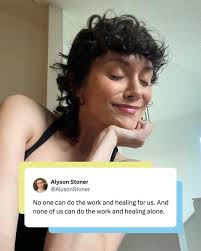 Sending love as you make it through your week. Alt text: Alyson sitting  down with their chin resting