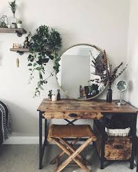 Rustic Bedroom Decor With Brass Mirror And Greenery Wooden Desk Vanity Boho Makeup Desk Stat Master Bedrooms Decor Room Decor Rustic Bedroom Decor