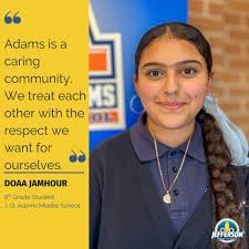 Doaa Jamhour is an 8th grade student at @jqadamsmiddleschool who loves  communicating with her teachers and collaborating in class. Her favorite  subject is science because she enjoys hands-on experiments and the chance