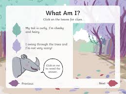 8 animals with different clues (pictorial, sound and written.) guess who the animal is and then reveal. What Am I Jungle Animals Online Presentation