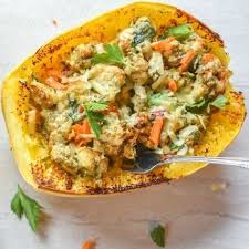 Spaghetti Squash Stuffed With Pesto Chicken And Veggies Food Recipes Meals