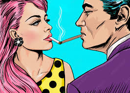 Smoking couple in Pop Art style.Love couple.Pop Art Couple.Pop Art love.Valentines  day postcard.Hollywood movie scene.Real love.Movie poster.Comic book  love.Party people looking into each others eyes Stock Illustration