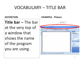 (computer science) a horizontal label at the top of a window, bearing the name of the currently active document. What Is Title Bar In Wordpad