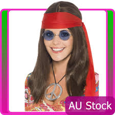 Ladies Hippy Chick Kit 60s 70s Hippie Groovy Brown Wig 70's Costume  Accessories