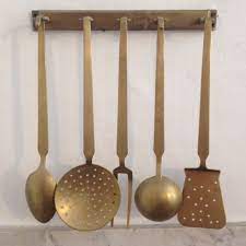 set of 5 vintage brass kitchen utensils with brass hanging rack