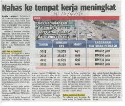 Manakala kemalangan di tempat kerja adalah bencana atau kecelakaan yang berlaku ketika di tempat kerja seperti terjatuh dari tempat tinggi semasa tanpa kita sedari sebenarnya kita lebih berisiko untuk mendapat kemalangan di tempat kerja berbanding dengan kemalangan jalan raya. Perbadanan Kemajuan Negeri Pahang Nahas Ke Tempat Kerja Meningkat