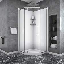 H neo angle pivot frameless corner shower enclosure in chrome with clear glass Dimakai 34 W X 72 H Semi Frameless Neo Angle Walk In Shower Enclosure Wayfair