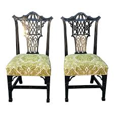 Pair Of Hollywood Regency Style Chinese Chippendale Black Lacquer Chairs Asian Dining Chairs Dinning Chairs Upholstered Chairs