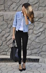 Black And White Dress With Jean Jacket Black Pants White Shirt Open Denim Shirt Jacket Black Heels Fashion How To Wear Leggings Cute Outfits
