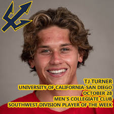 TJ Turner (Jr., Escondido, Calif./San Pasqual) of defending National  Champion the University of California-San Diego racked up 10 goals, an  assist and six steals as the Tritons outscored their foes 41-12 at