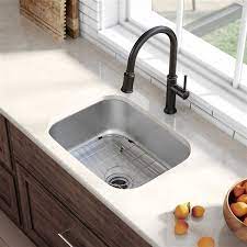 You get the double bowl sink itself, plus the drain assembly, the mounting hardware you need, the bottom grip, the cutout template, the basket strainers, and that kraus branded kitchen towel we. Kraus Premier Undermount Kitchen Sink Single Bowl 23 In Stainless Steel Kbu12 Rona