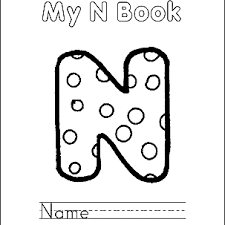 This coloring page shows a large letter n with colorable pictures of a net, nail, nose, nest, night, necklace and nickel inside it. Letter N Coloring Book Free Printable Pages