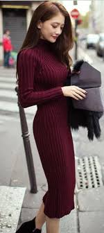 Fashion Ribbed High Neck Long Sleeve Knit Long Sweater Ribbed Dress Outfit Long Sweater Dress Long Knit Sweater
