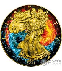 Yin en yang symbool van dualisme in de oude chinese filosofie waar tegengestelde of tegengestelde krachten complementair zijn. Fire And Water Feuer Wasser Yin Yang Walking Liberty 1 Oz Silber Munze 1 Usa 2019 Power Coin