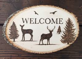 Wood Burned Welcome Sign That I Made Deer Pinetrees Wood Burning Stencils Wood Burning Patterns Stencil Wood Burning Crafts