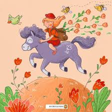Hallo Fruhling Madchen Reitet Mit Lila Pferd Durch Blumenwiese Lena Heger Illustration Fur Kinder Illustration Primavera Original Version
