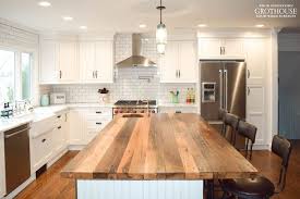 Modern Farmhouse Kitchen With Reclaimed Chestnut Island Top Customwoodcountertops G Kitchen Island Tops Kitchen Island Countertop Kitchen Remodel Countertops