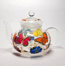 Butterfly Tea Pot Hand Painted Monarch Glass Tea Kettle Personalised Gift For Her Wedding Gift For Mother Of Bride In 2021 Tea Pots Butterfly Tea Glass Tea Kettle